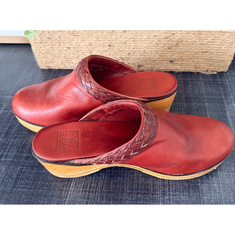 Vintage Frye Red Leather Braided Trim Platform Clogs Wood Mules Womens 9 B